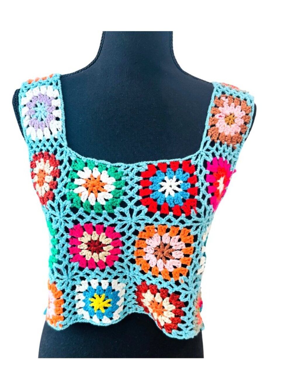Handmade Boho Hippie 60s Crochet Granny Square Floral Patchwork Tank Women M
